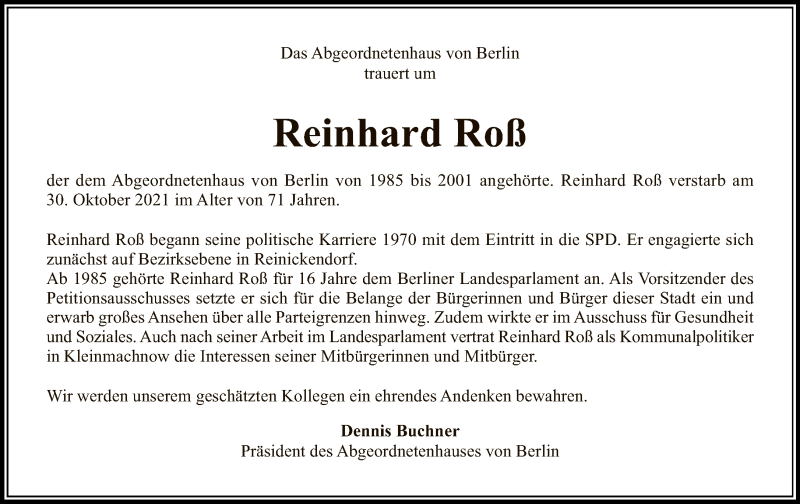  Traueranzeige für Reinhard Roß vom 14.11.2021 aus Tagesspiegel