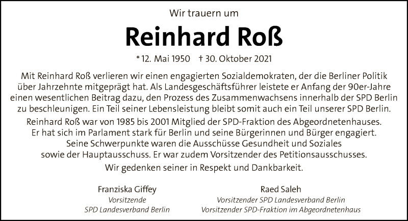  Traueranzeige für Reinhard Roß vom 14.11.2021 aus Tagesspiegel