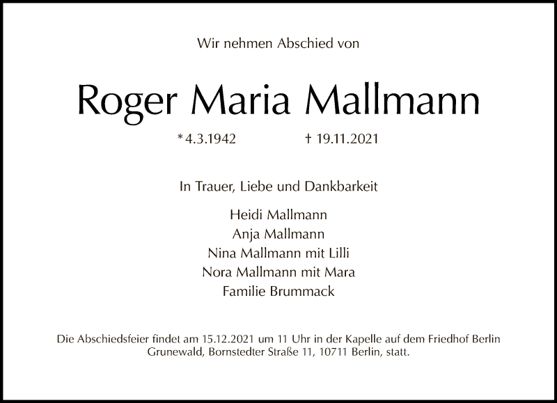  Traueranzeige für Roger Maria Mallmann vom 28.11.2021 aus Tagesspiegel