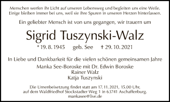 Traueranzeige von Sigrid Tuszynski-Walz von Tagesspiegel