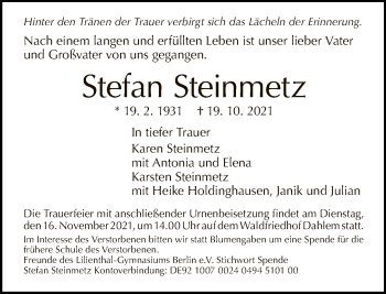 Traueranzeige von Stefan Steinmetz von Tagesspiegel