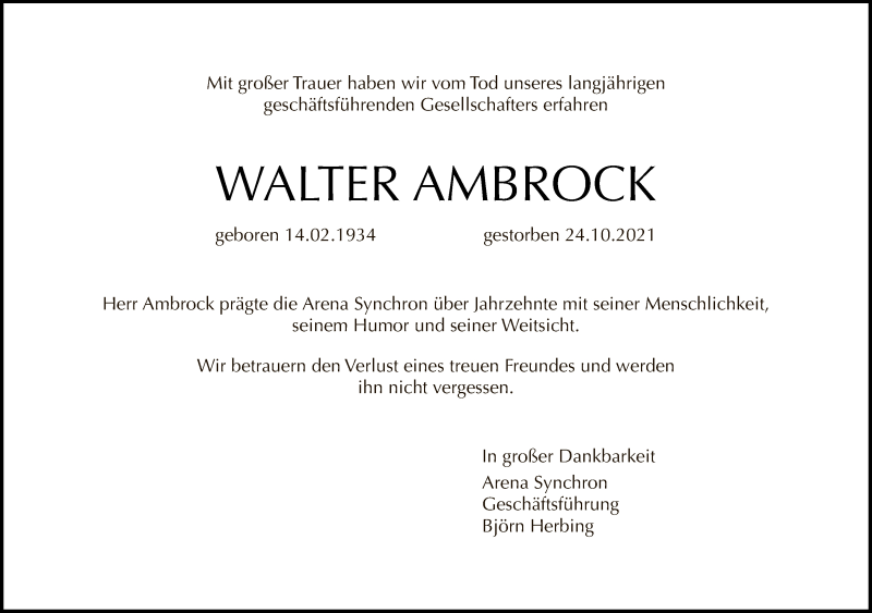 Traueranzeige für Walter Ambrock vom 07.11.2021 aus Tagesspiegel