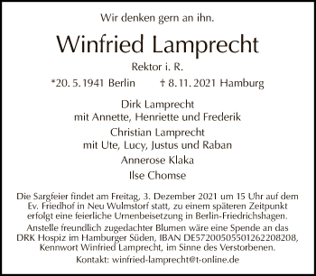 Traueranzeige von Winfried Lamprecht von Tagesspiegel