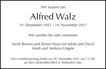 Traueranzeige von Alfred Walz von Tagesspiegel