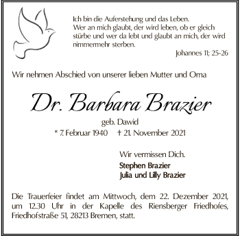 Traueranzeige von Barbara Brazier von Tagesspiegel