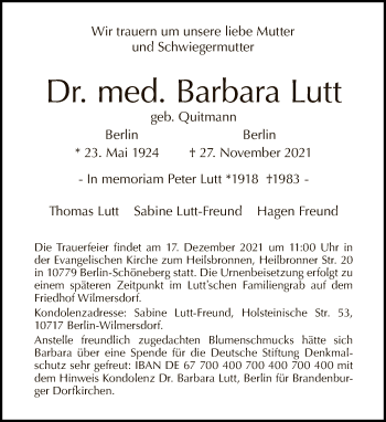 Traueranzeige von Barbara Lutt von Tagesspiegel