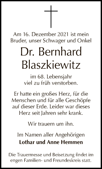 Traueranzeige von Bernhard Blaszkiewitz von Tagesspiegel