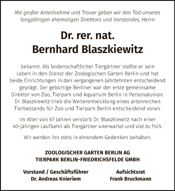 Traueranzeige von Bernhard Blaszkiewitz von Tagesspiegel