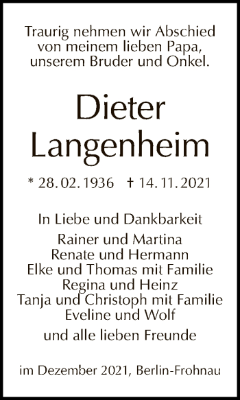 Traueranzeige von Dieter Langenheim von Tagesspiegel