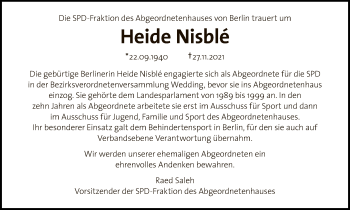 Traueranzeige von Heide Nisblé von Tagesspiegel