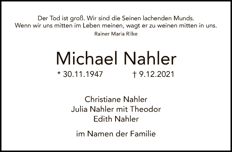  Traueranzeige für Michael Nahler vom 19.12.2021 aus Tagesspiegel