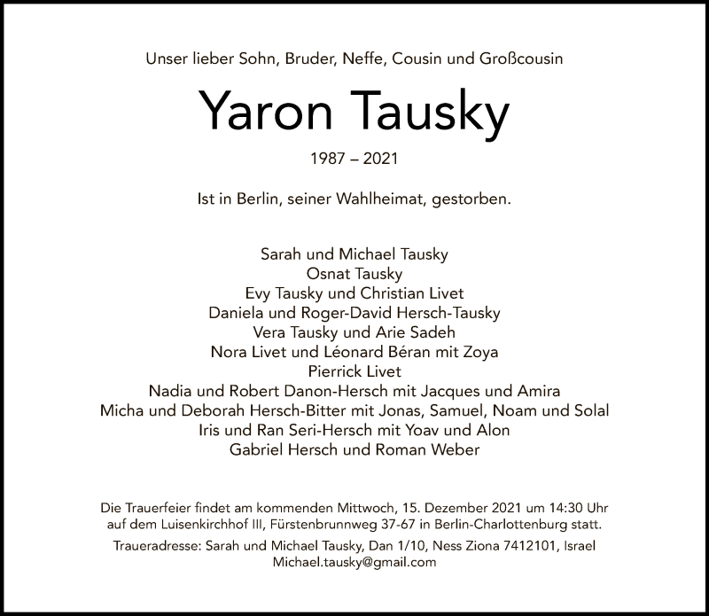  Traueranzeige für Yaron Tausky vom 13.12.2021 aus Tagesspiegel