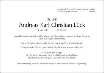 Traueranzeige von Andreas Karl Christian Lück von Tagesspiegel