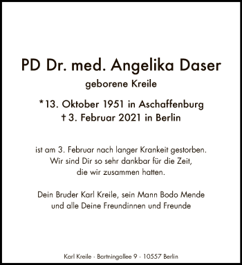 Traueranzeige von Angelika Daser von Tagesspiegel