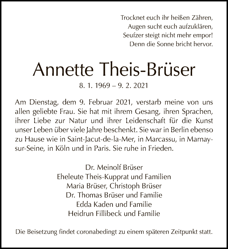  Traueranzeige für Annette Theis-Brüser vom 28.02.2021 aus Tagesspiegel