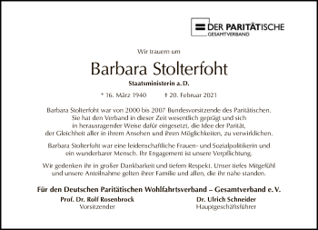 Traueranzeige von Barbara Stolterfoht von Tagesspiegel