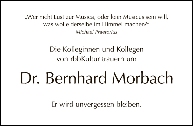  Traueranzeige für Bernhard Morbach vom 14.02.2021 aus Tagesspiegel
