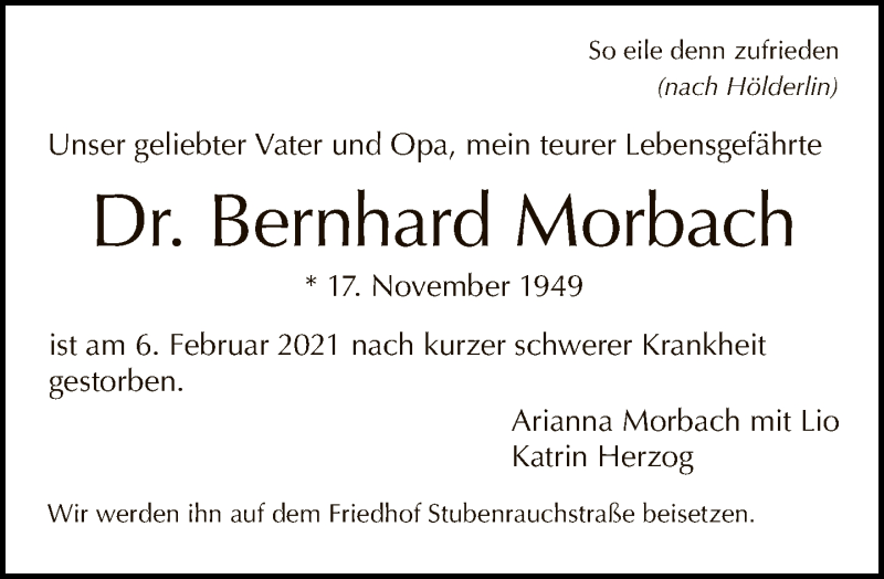  Traueranzeige für Bernhard Morbach vom 14.02.2021 aus Tagesspiegel
