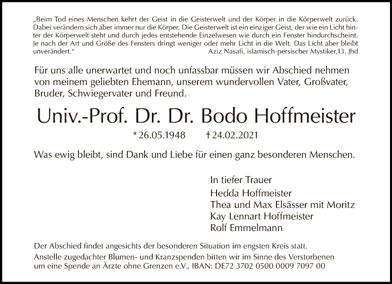  Traueranzeige für Bodo Hoffmeister vom 28.02.2021 aus Tagesspiegel