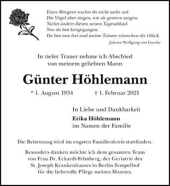 Traueranzeige von Günter Höhlemann von Tagesspiegel