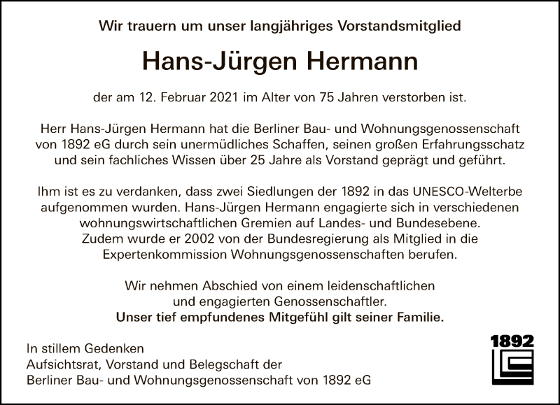  Traueranzeige für Hans-Jürgen Hermann vom 21.02.2021 aus Tagesspiegel