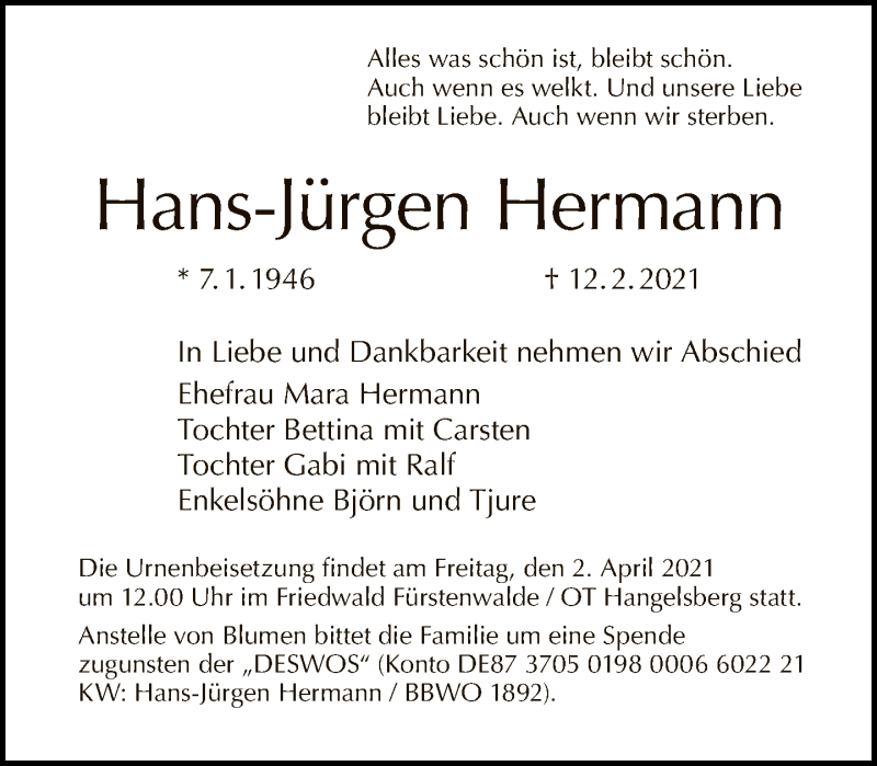  Traueranzeige für Hans-Jürgen Hermann vom 21.02.2021 aus Tagesspiegel