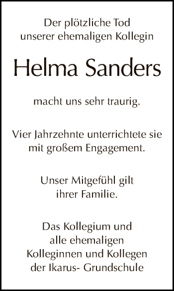 Traueranzeige von Helma Sanders von Tagesspiegel