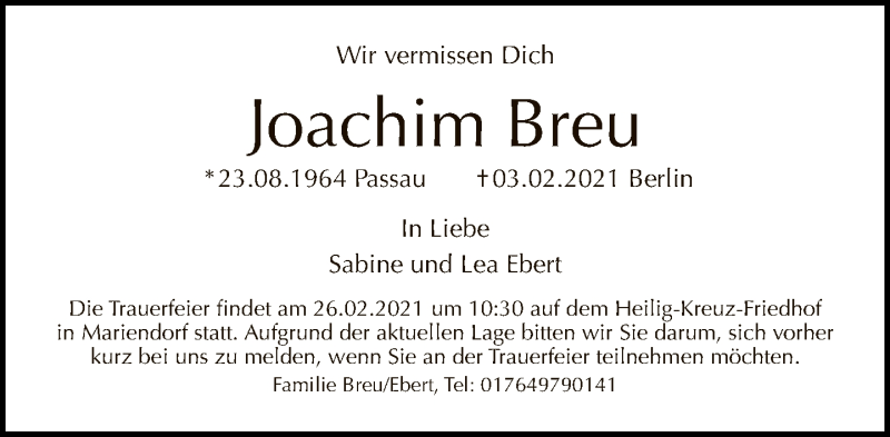  Traueranzeige für Joachim Breu vom 14.02.2021 aus Tagesspiegel