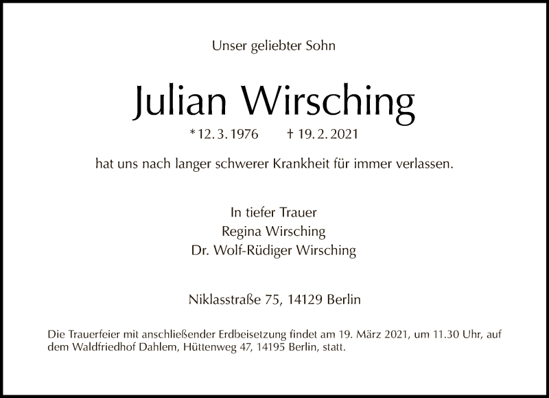  Traueranzeige für Julian Wirsching vom 28.02.2021 aus Tagesspiegel