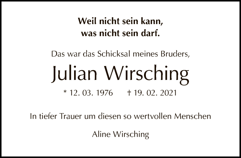  Traueranzeige für Julian Wirsching vom 28.02.2021 aus Tagesspiegel