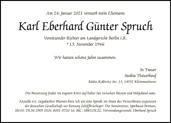 Traueranzeige von Karl Eberhard Günter Spruch von Tagesspiegel