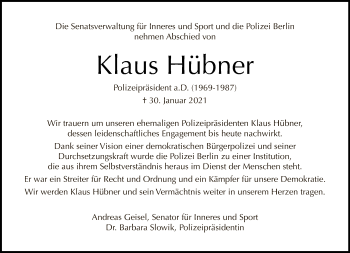 Traueranzeige von Klaus Hübner von Tagesspiegel