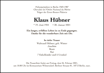 Traueranzeige von Klaus Hübner von Tagesspiegel