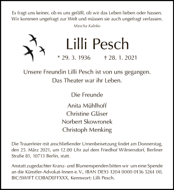 Traueranzeige von Lilli Pesch von Tagesspiegel