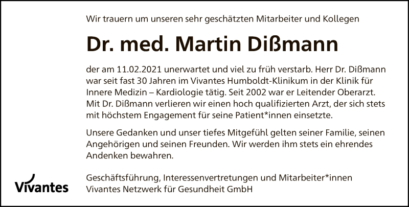  Traueranzeige für Martin Dißmann vom 28.02.2021 aus Tagesspiegel