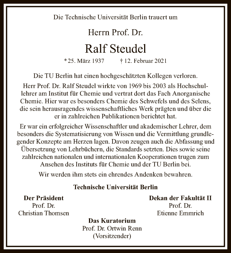  Traueranzeige für Ralf Steudel vom 21.02.2021 aus Tagesspiegel