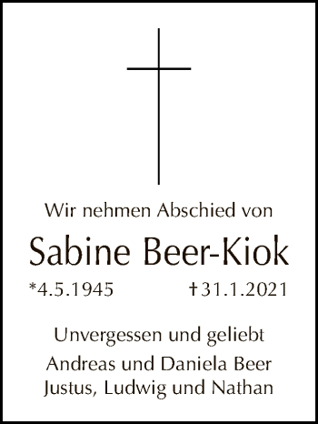 Traueranzeige von Sabine Beer-Kiok von Tagesspiegel