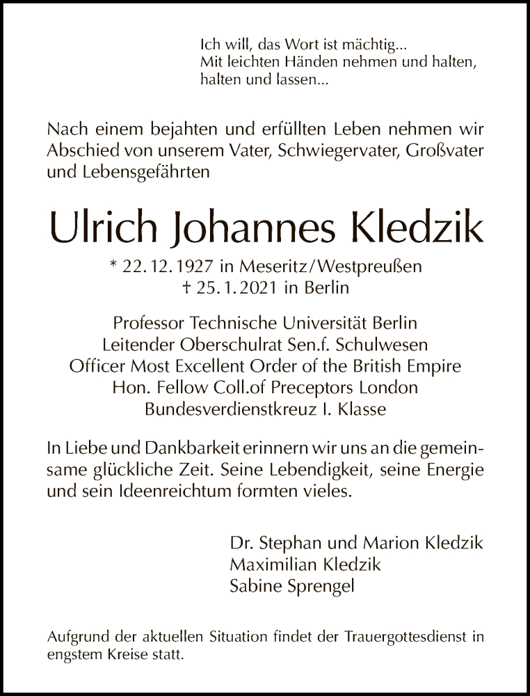  Traueranzeige für Ulrich Johannes Kledzik vom 07.02.2021 aus Tagesspiegel