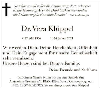 Traueranzeige von Vera Klüppel von Tagesspiegel