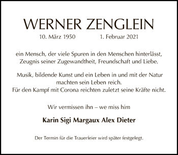 Traueranzeige von Werner Zenglein von Tagesspiegel