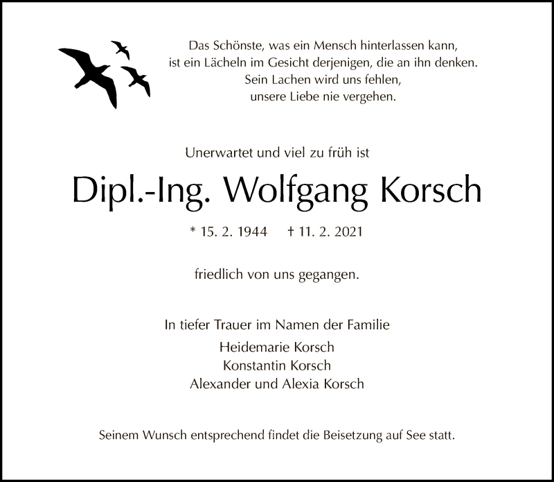  Traueranzeige für Wolfgang Korsch vom 21.02.2021 aus Tagesspiegel