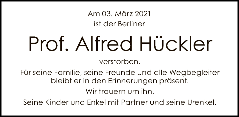  Traueranzeige für Alfred Hückler vom 21.03.2021 aus Tagesspiegel