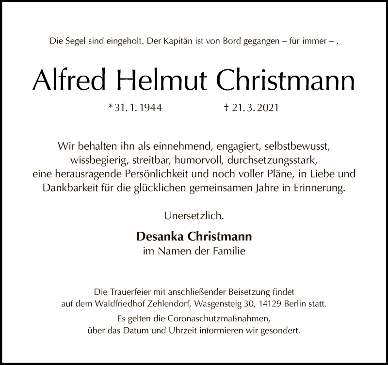  Traueranzeige für Alfred Helmut Christmann vom 28.03.2021 aus Tagesspiegel