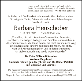 Traueranzeige von Barbara Heuschober von Tagesspiegel