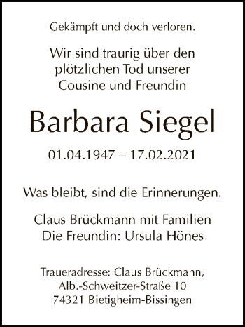 Traueranzeige von Barbara Siegel von Tagesspiegel