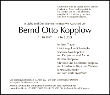 Traueranzeige von Bernd Otto Kopplow von Tagesspiegel