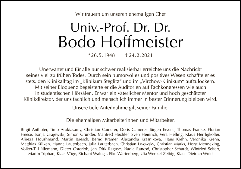  Traueranzeige für Bodo Hoffmeister vom 14.03.2021 aus Tagesspiegel