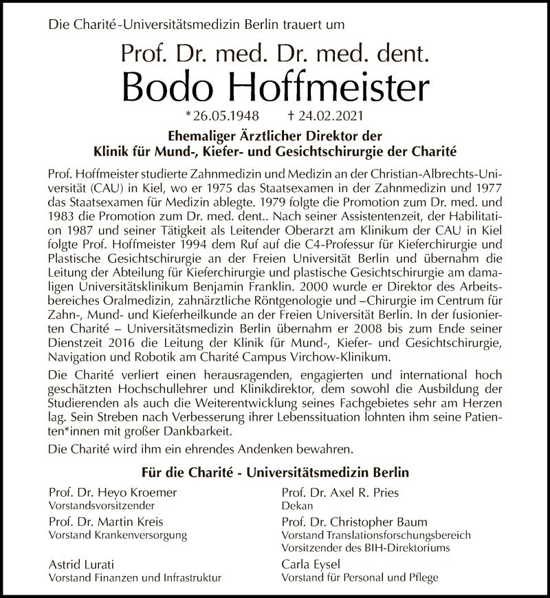  Traueranzeige für Bodo Hoffmeister vom 07.03.2021 aus Tagesspiegel