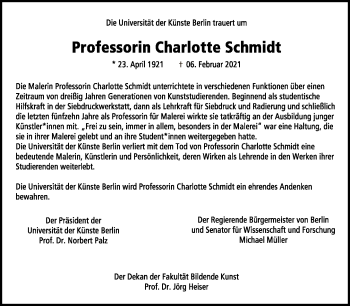 Traueranzeige von Charlotte Schmidt von Tagesspiegel