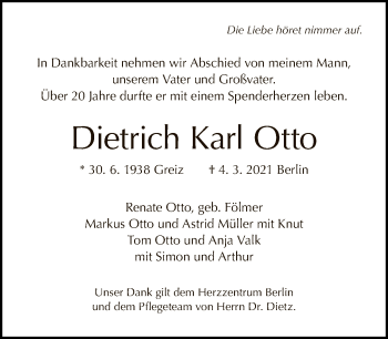 Traueranzeige von Dietrich Karl Otto von Tagesspiegel